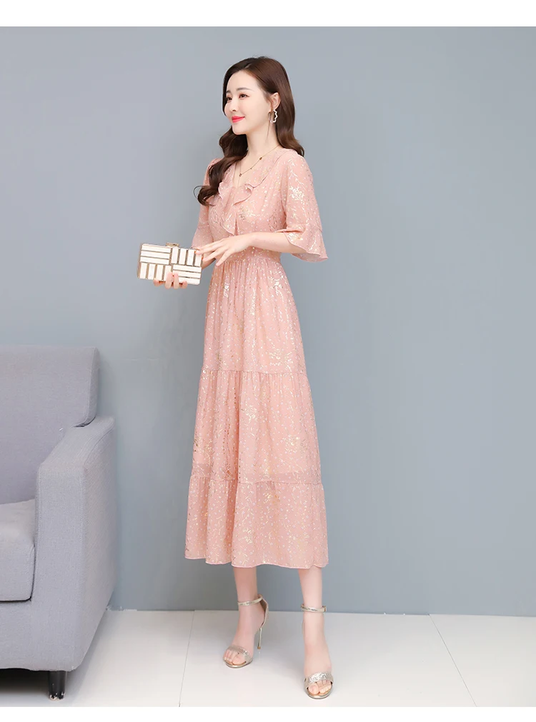 

Houthion Women's Dresses Solid Long Dress Loose Plus Size Bohemia New Draw Back Chiffon A-LINE Mid-Calf Casual Fashion