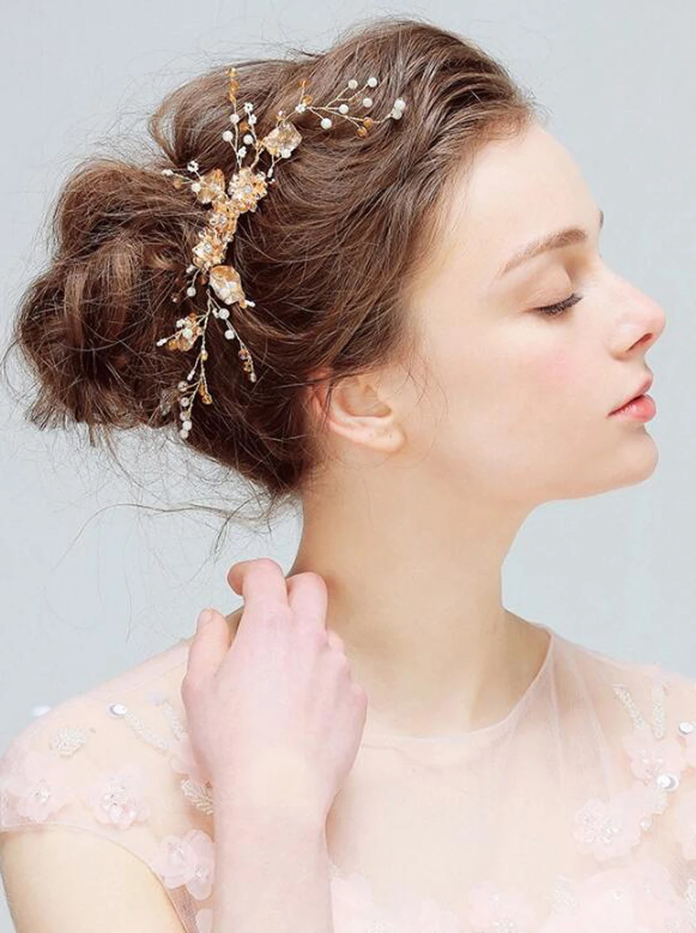 Свадебная заколка гребень Стразы с жемчугом и золотыми листьями свадебные