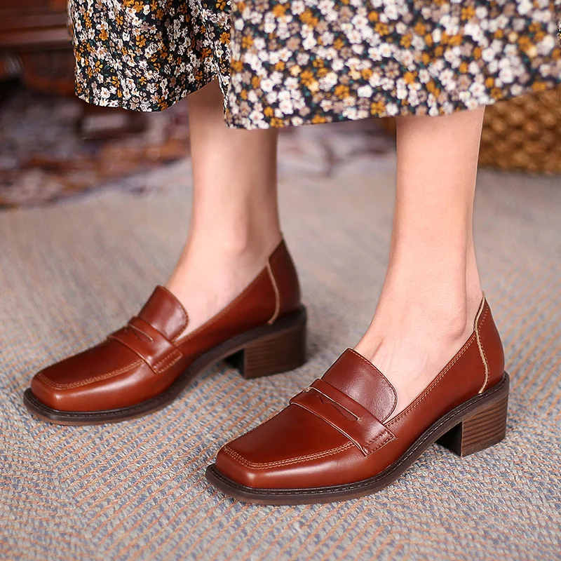 

Women's Single Shoes 2022 New Early Spring New Comfortable Middle Heel Square Head Shallow Mouth British Style Shallow Mouth
