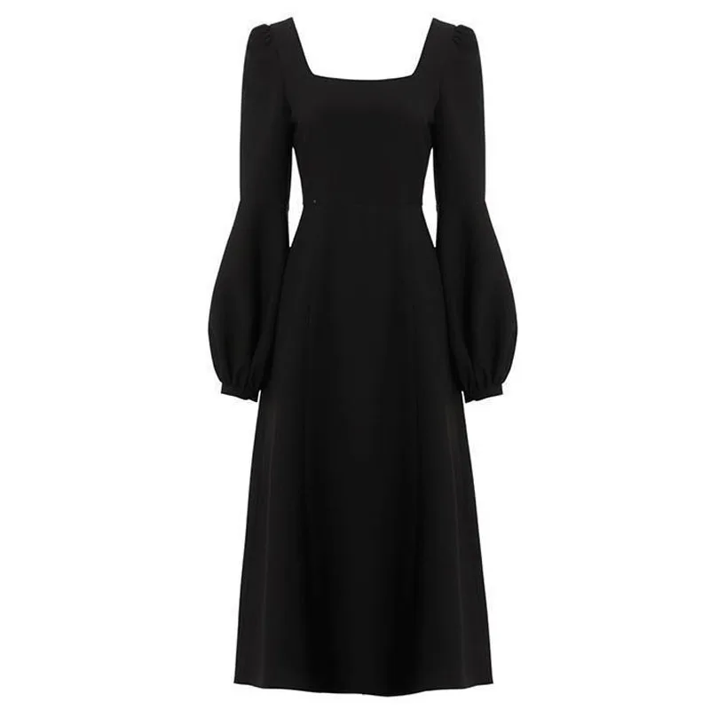 

2021 Spring Women Black Retro Split Dress Elegant Midi Designer Dress Female Long Sleeve Hepburn Style Chiffon Vintage Dress
