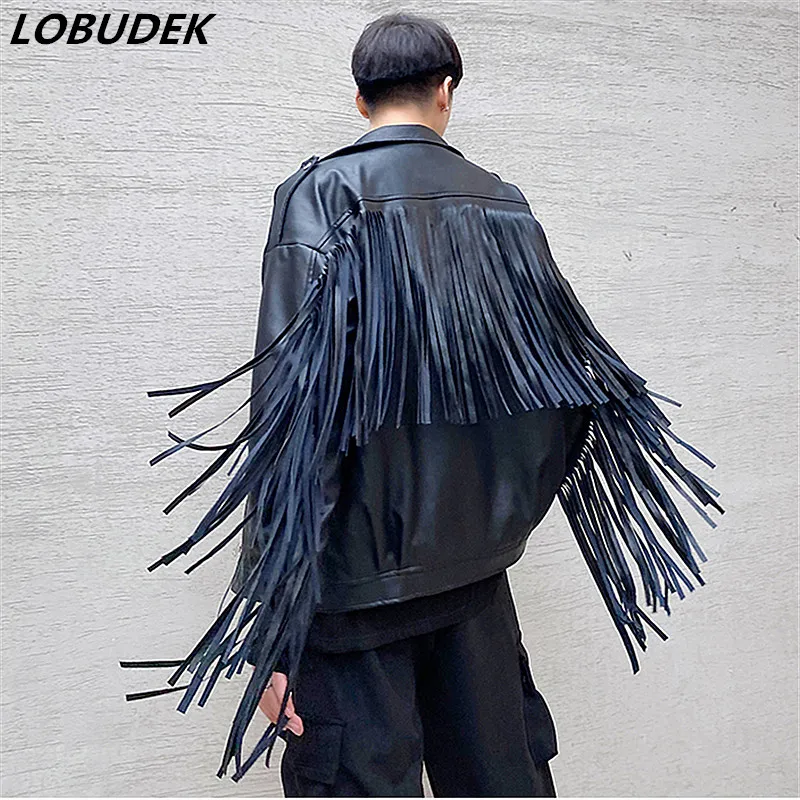 

New Men's Black PU Leather Tassel Sleeve Loose Jacket Coat Autumn Winter Thick Cotton Zipper Overcoat
