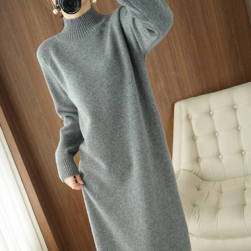 

2021 Autumn Winter New Dress Mid-length Solid Color Temperament With Turtleneck Knitted Sweater Women's Bottoming Vestidos