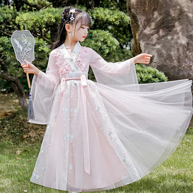 

Chinese Traditional Folk Dance Dress for Girls Fairy Embroidery Skirt Hanfu Streetwear Clothing