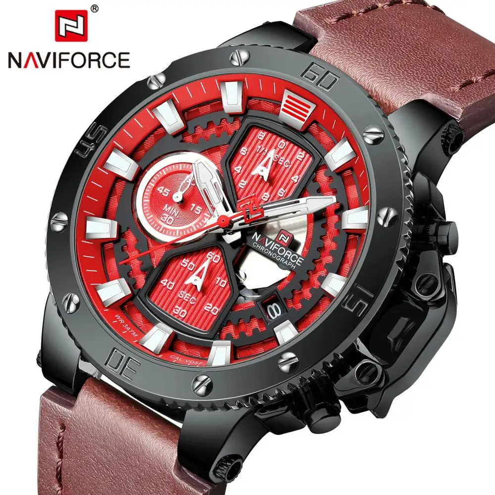 Часы NAVIFORCE мужские кварцевые аналоговые водонепроницаемые спортивные с кожаным