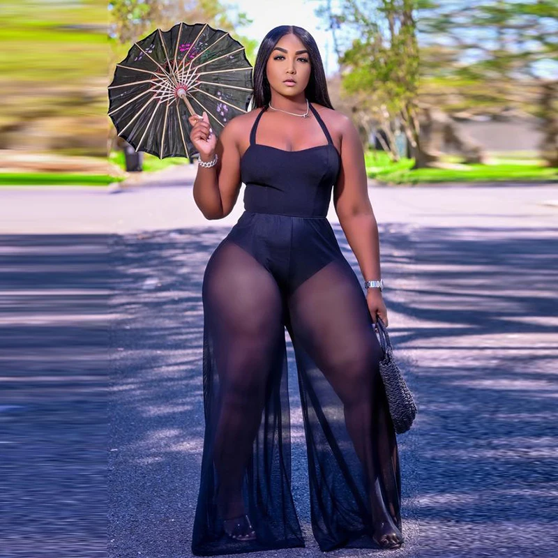 

Summer Women Mesh See Though Straight Jumpsuit Sexy Plus Size Halter Neck Sleeveless Romper Overall Romper Birthday Club Outfit
