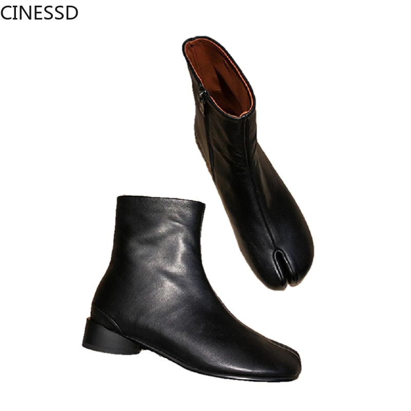 

Женские Разделение Носок, обувь из натуральной телячьей кожи; Кожаные ботильоны для женщин с каблуком 3 см полусапожки из натуральной кожи; ...