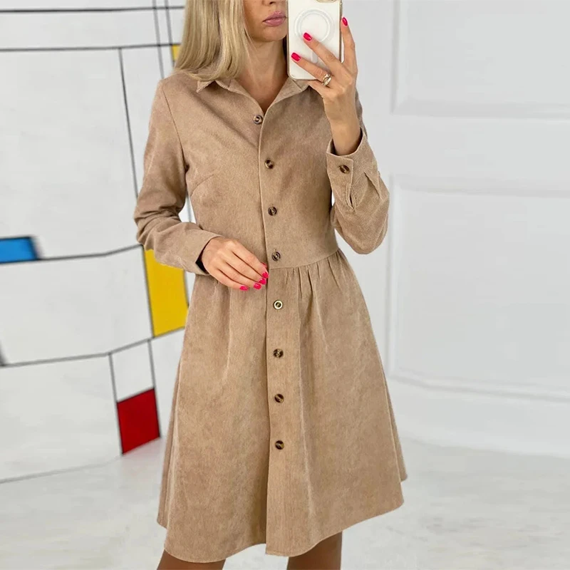 

Women Autumn Elegant V Neck Loose Party Dress A-Line Loose Dress Vintage Warm Corduroy Long Sleeve Single-Breasted Shirts Dress