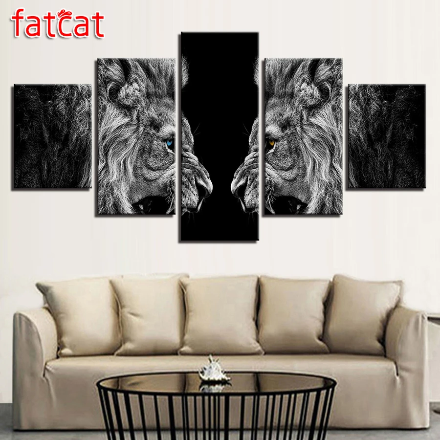 

FATCAT 5D Diy Diamond Painting 5 Pieces Roaring Lions Mirror Paintings Full Diamond Embroidery Sale Animal Home Decor AE822