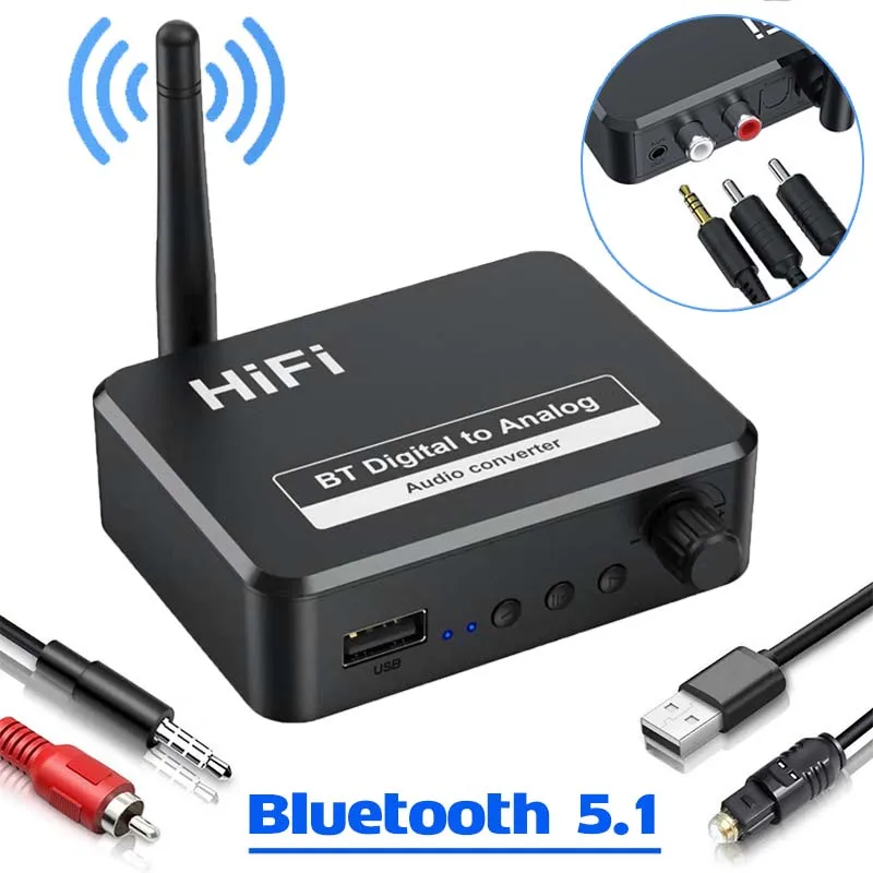 

Digital to Analog Audio DAC Bluetooth 5.1 Receiver Digital SPDIF Optical Toslink to 3.5mm 3.5 AUX Jack Converter RCA L/R Adapter