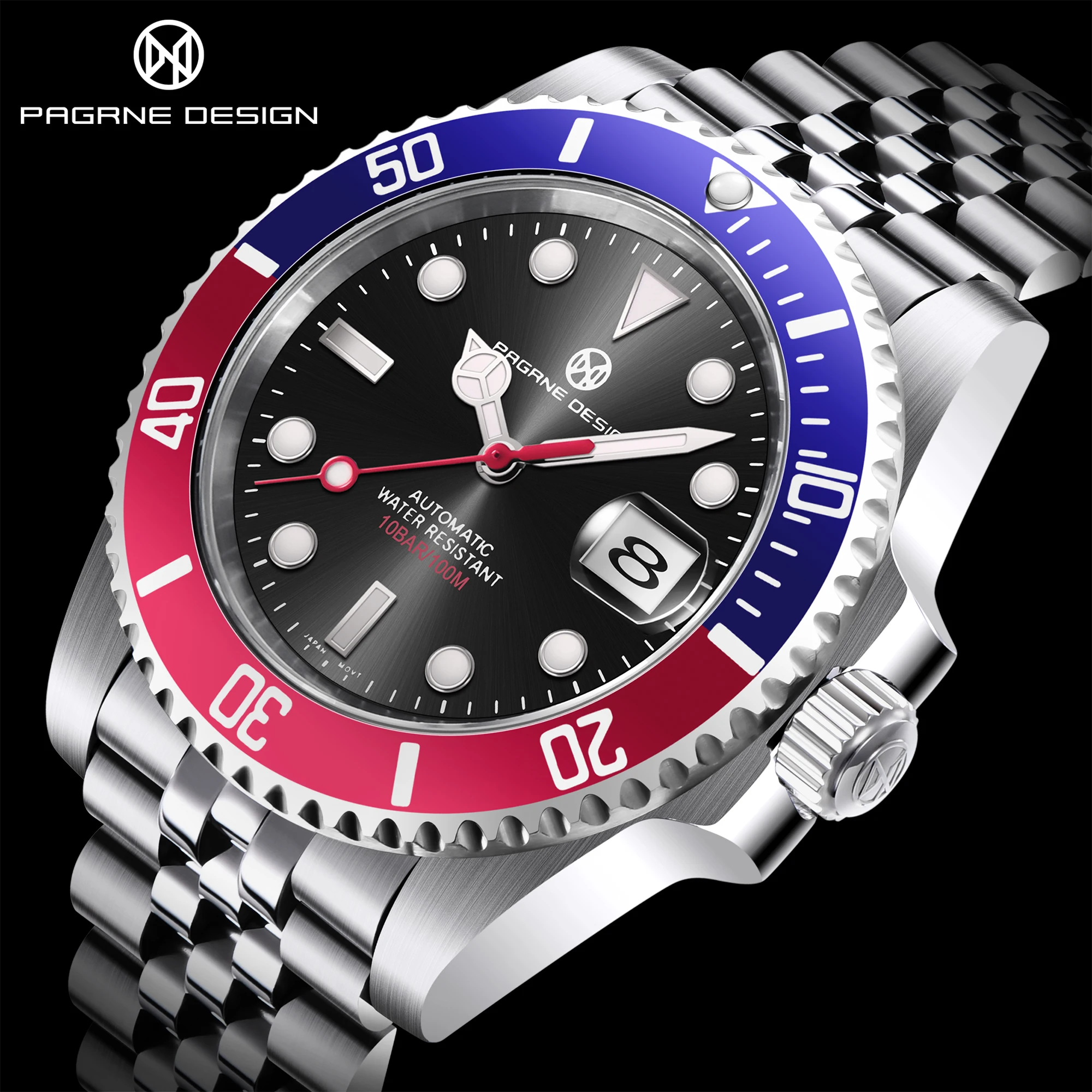 PAGRNE DESIGN Mechanical Automatic Men's Watch Stainless Steel Sapphire Glass 100m Waterproof Luminous Men's Watch Reloj Hombre