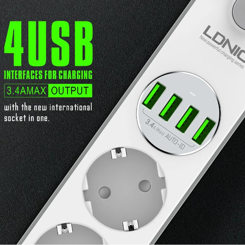 100-250V 2M Cable Board EU Plug Power Strip 4 Outlets Fast USB Charging Adapter Multi Electric Extension Socket Charger | Электроника