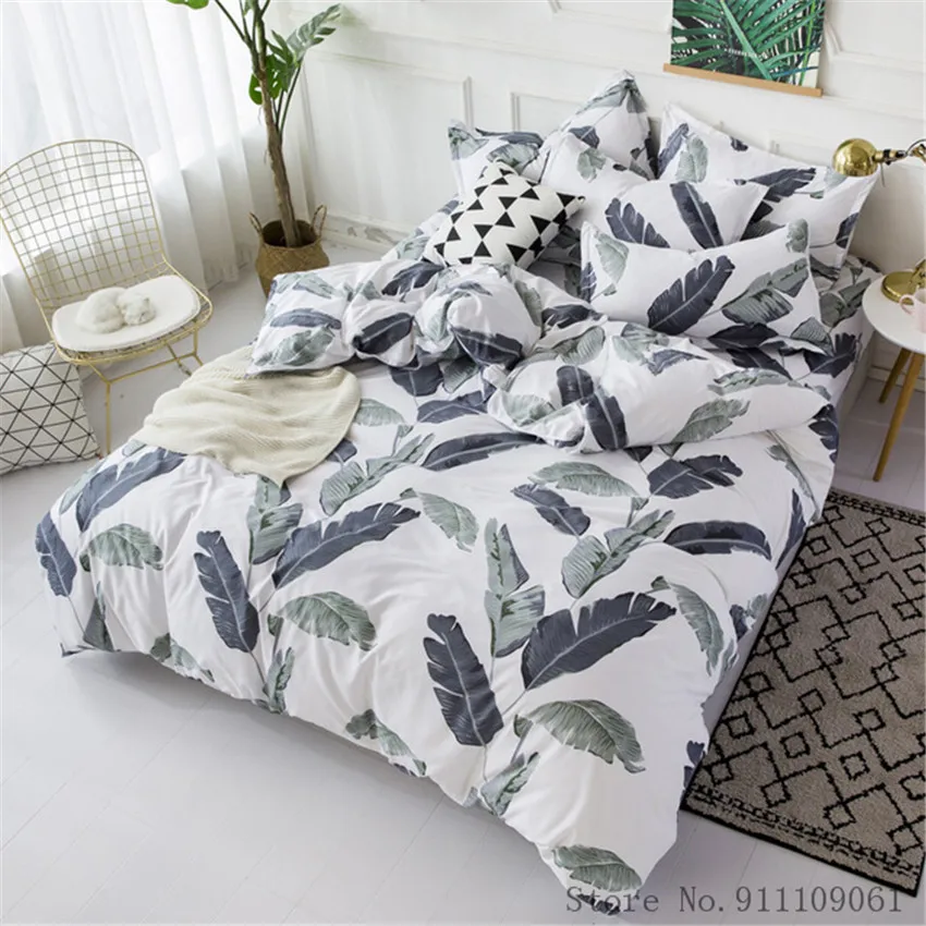 

Home Textile Banana Leaf Navy Blue Bedding Set Duvet Cover Pillowcase Flat Sheet Children and Adult Linens Bedclothes 3/4Pcs