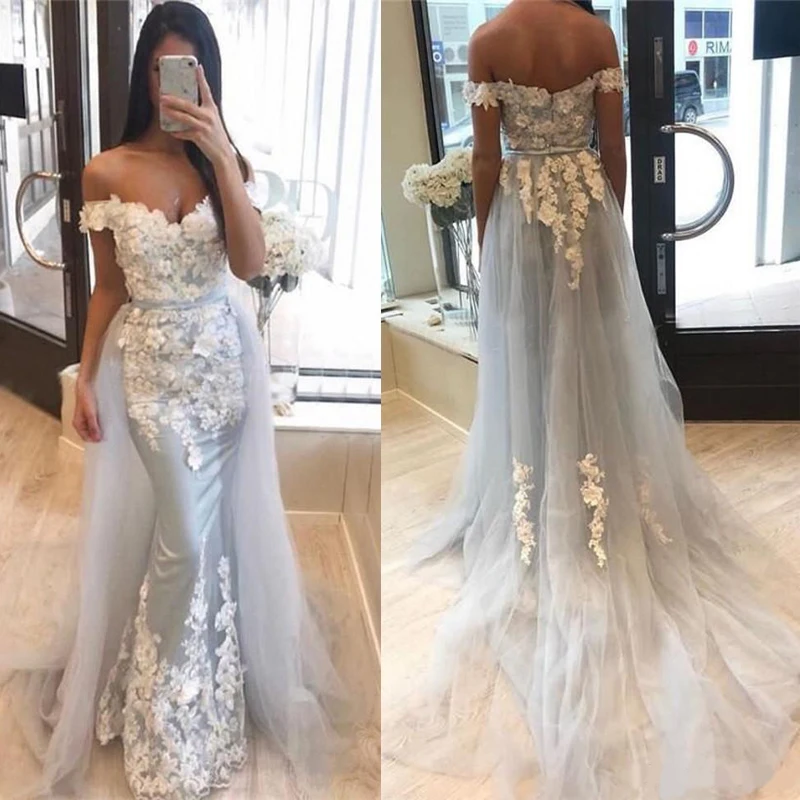 

Sweet Silver Mermaid Prom Dresses 2020 Off Shoulder Sweep Train 3D Floral Long Formal Evening Party Gowns for Sweet 16 Special O