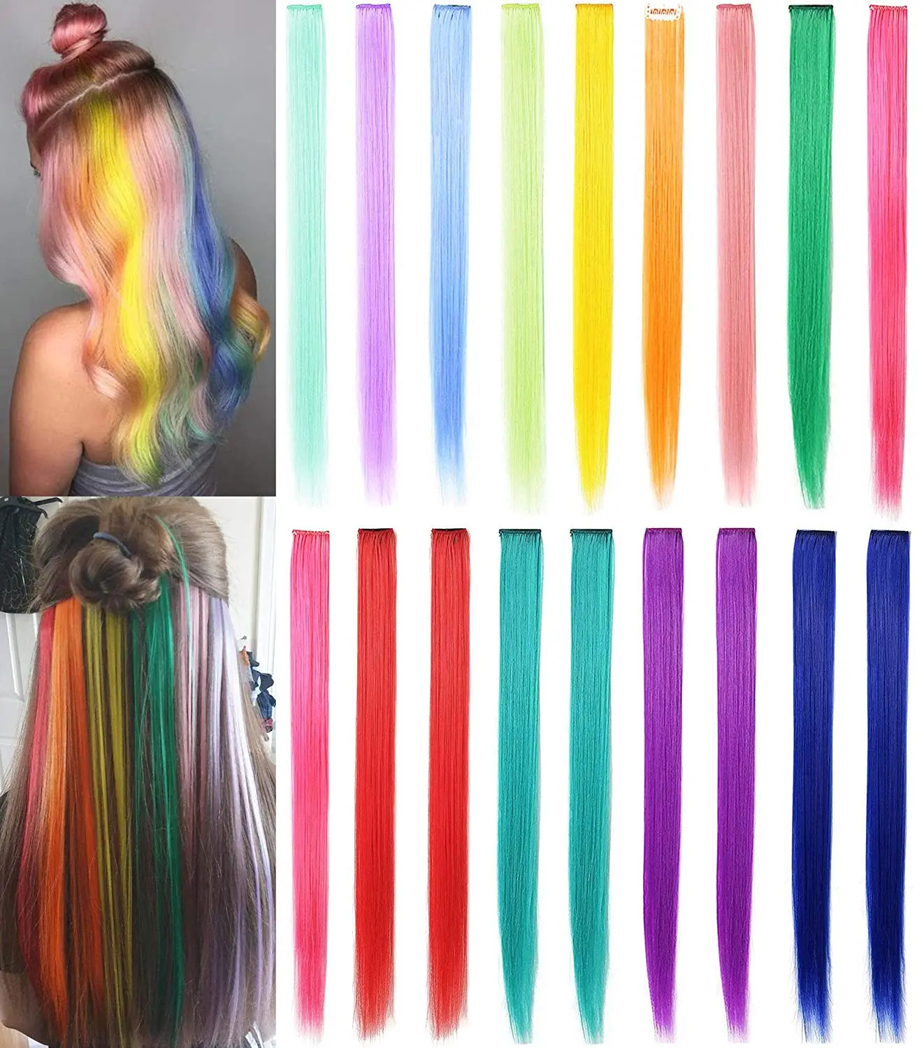 Clip sintético largo y liso para mujer, extensión de cabello de alta temperatura, color morado, rosa, rojo, azul y rosa, colorido