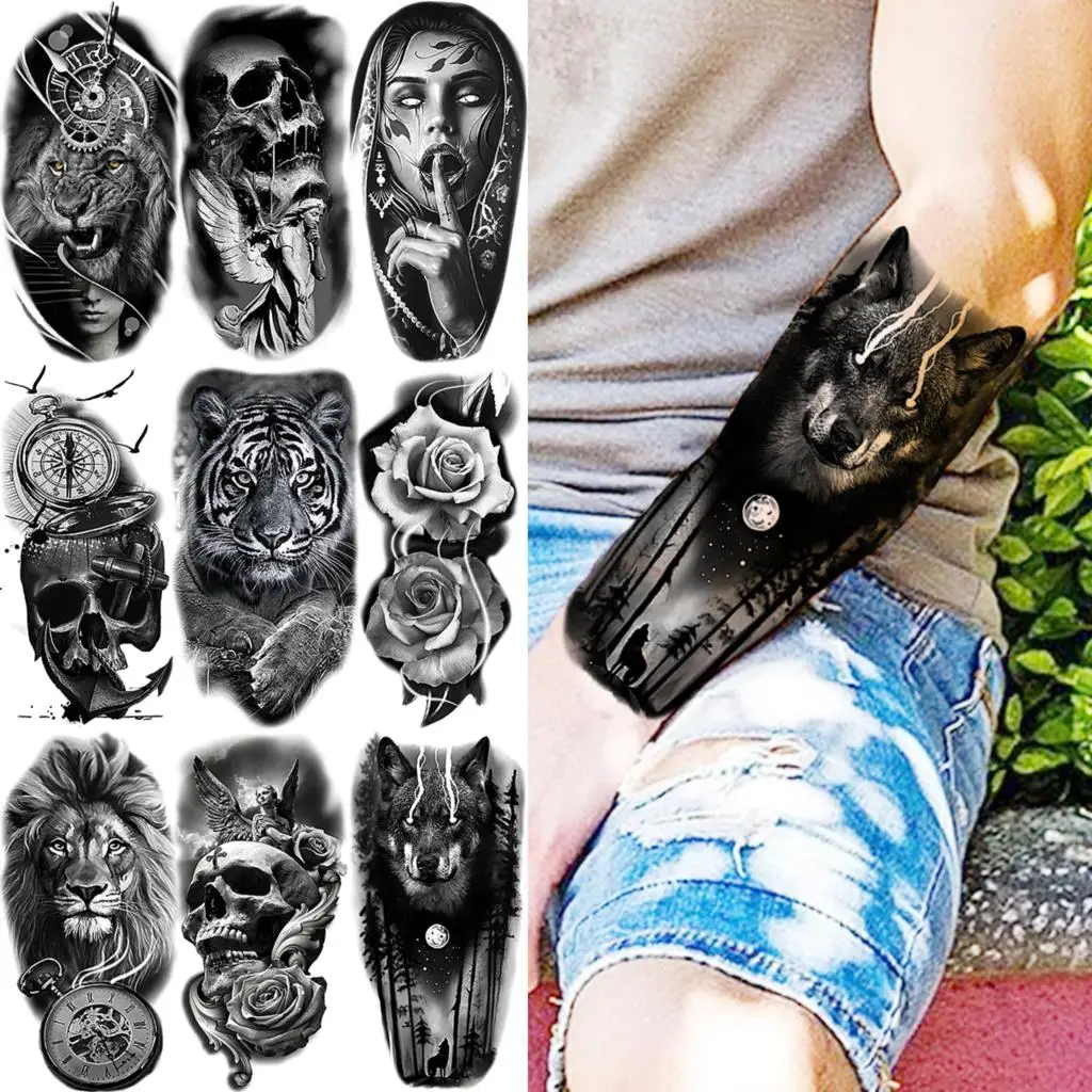 

Black Wolf Forest Temporary Tattoos For Men Women Realistic Lion Compass Skull Vampire Tiger Fake Tattoo Sticker Arm Body Tatoos