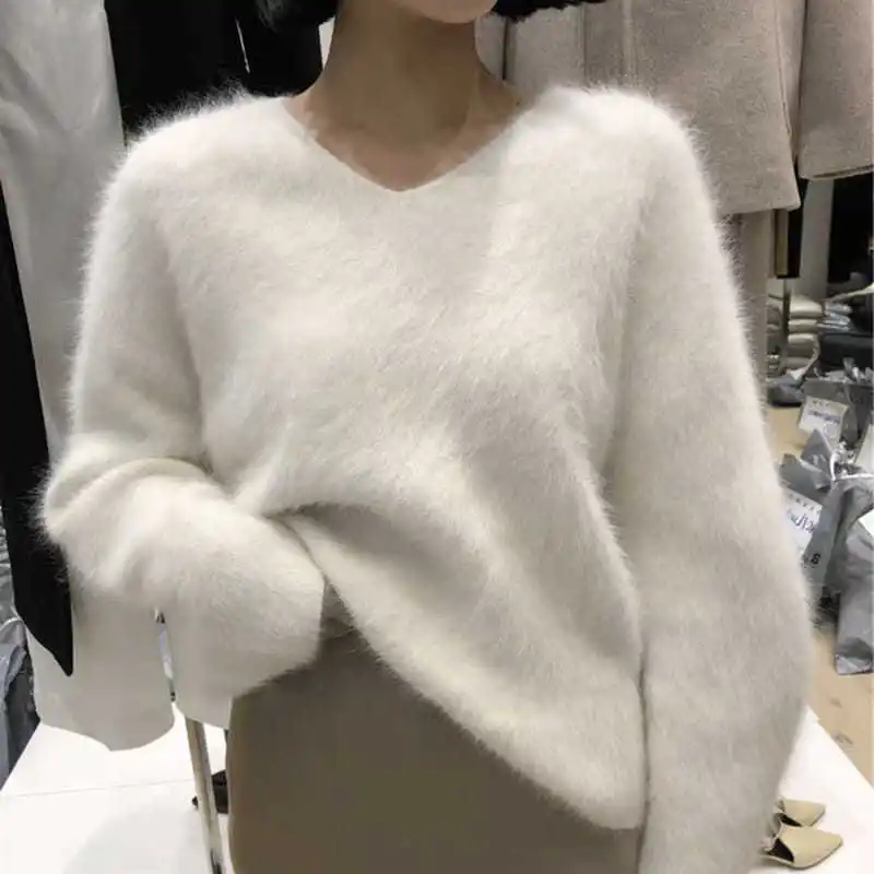 

Women 2021 Autumn Winter Fashion V-neck Pullover Tops Female Mink Cashmere Sweater Tops Ladies Solid Color Loose Knit Top D625
