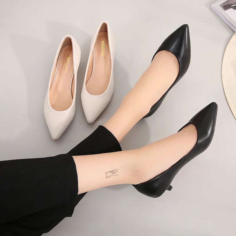 Women's 3.5cm Med High Heels Pumps Office Lady Woman Sexy Bride Party Pointed Toe Split Leather Shoes Black For Female E0002