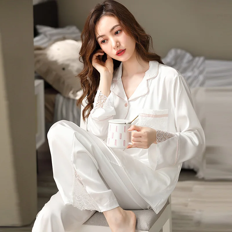 2021 New Women Ice Silk Pajamas Sets for Spring&Summer 2 Pcs Pyjamas Suit Female Sleepwear Home Clothes Satin Silk Pijama Mujer