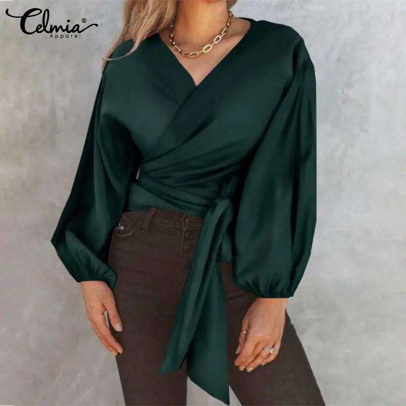 

Celmia 2022 Fashion Long Lantern Sleeve Wrap Shirts Autumn Solid Bandage Waisted Women Blouses Satin Sexy V Neck Tops Blusas