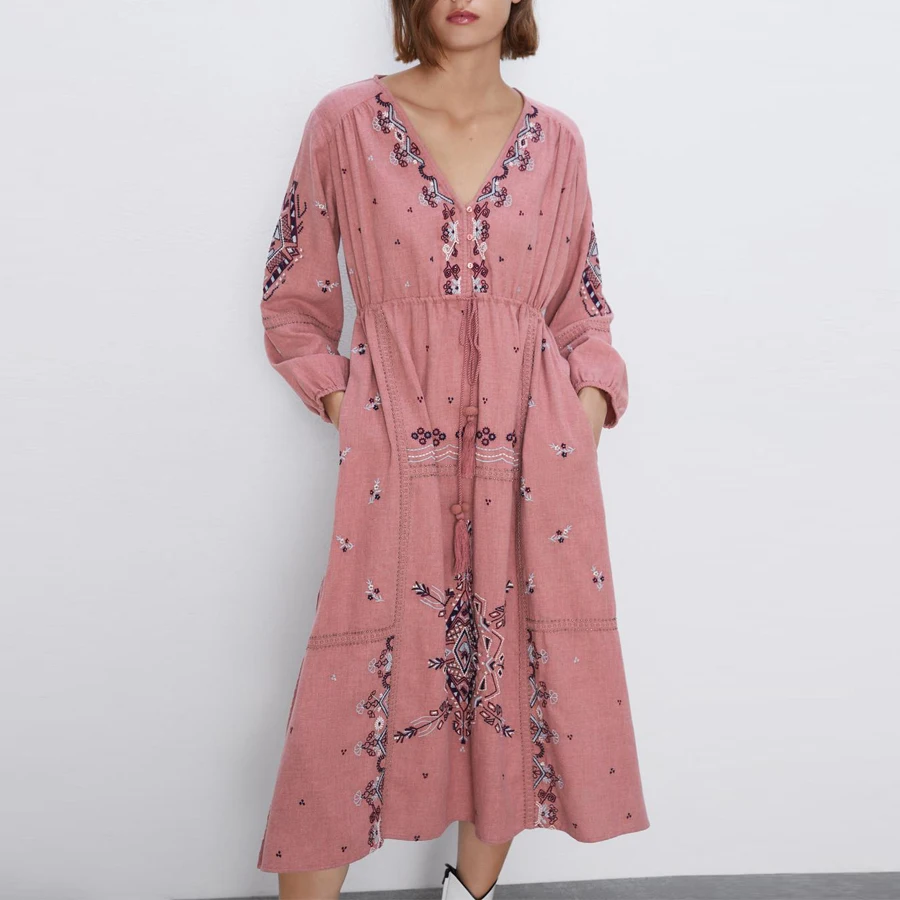 TEELYNN бохо платье для женщин розовый хлопок Цветочная вышивка осенние платья с v