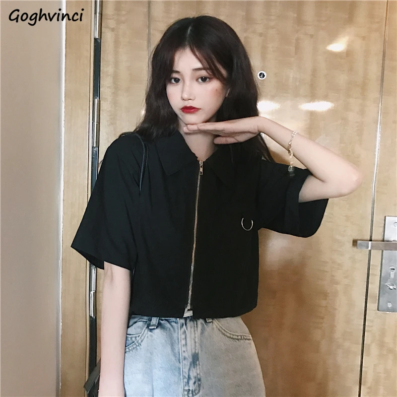 

Shirts Women Short Sleeve Zipper Chic Retro Overshirt Harajuku Womens High Streetwear All-match Designed Korean Style Blouses BF