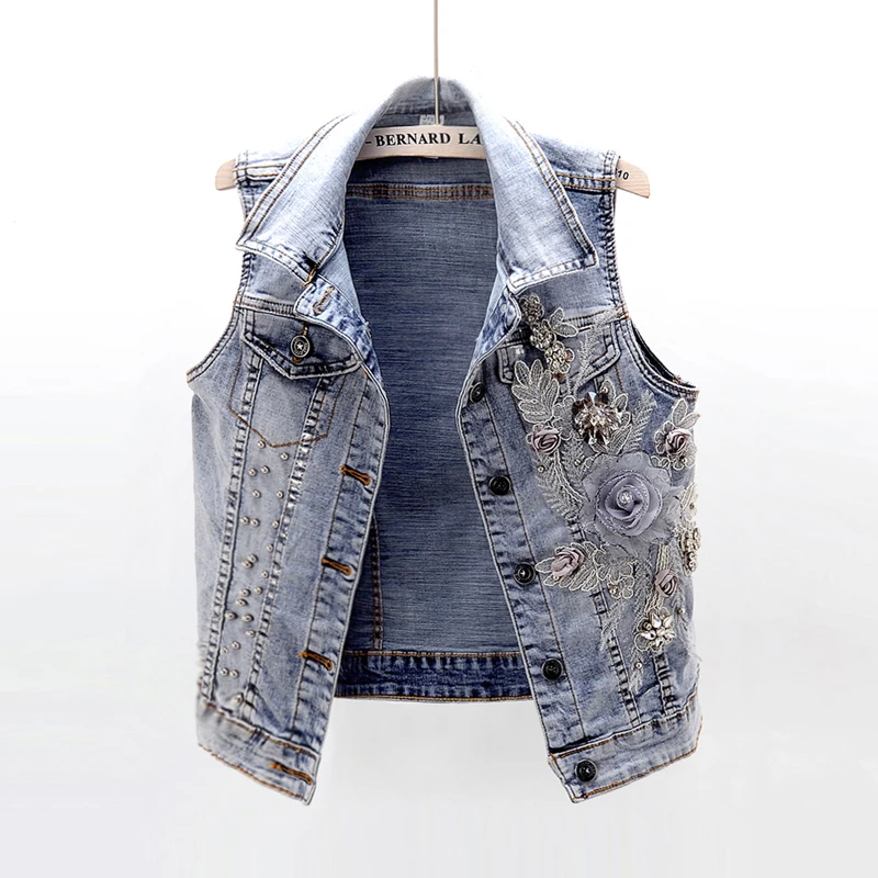 Женский джинсовый жилет с цветочной 3D вышивкой стразами и бисером JC209 2020|Жилеты