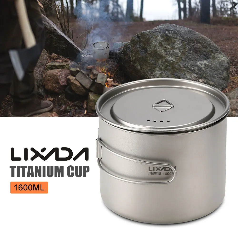 Cup 1600ml Lixada 900 мл/1600 мл титановая чашка Ультралегкая портативная чашка с крышкой и складной ручкой для походов и походов - Цвет: Cup 1600ml