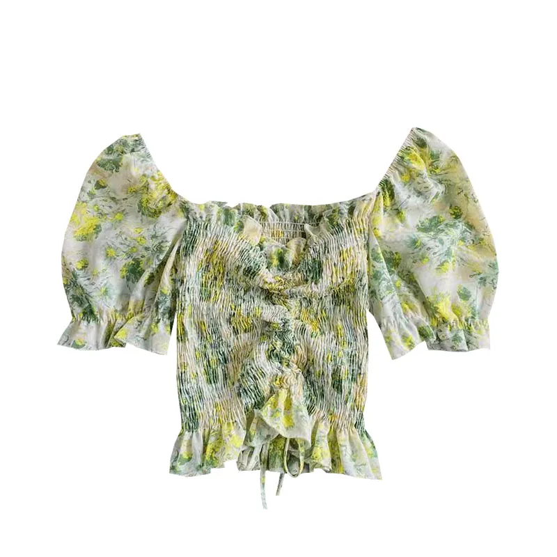 

Summer Age Reduction Lotus Leaf Swing Shirt Women's Square Neck Floral Chiffon Shirt Fold Waist Puff Sleeve Short Top C156