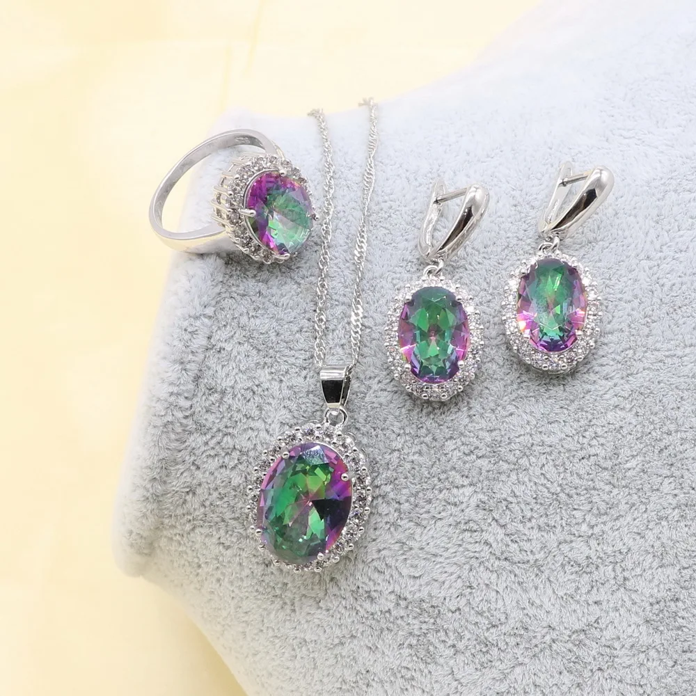 Разноцветные серебряные серьги 925 пробы с браслетом цепочка кулон кольцо подарок