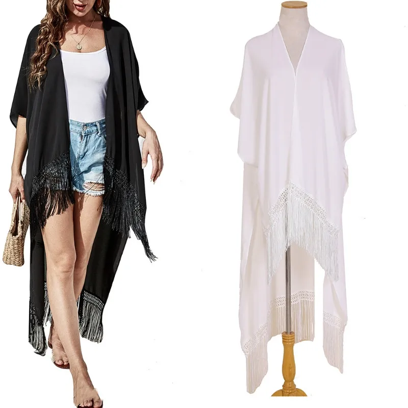 

Women Summer Swimsuit Cover Up High Low Asymmetrical Tassel Hem Kimono Cardigan Loose Chiffon Casual Open Front Beach Blouse