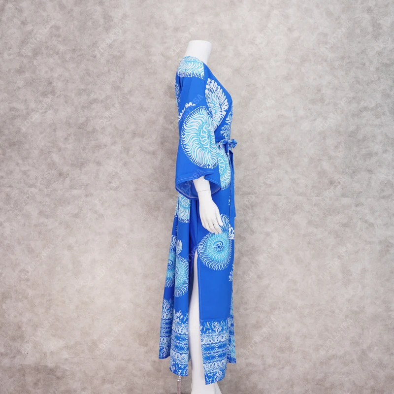 Женская длинная хлопковая блузка голубая пляжная блузка-кимоно с богемным