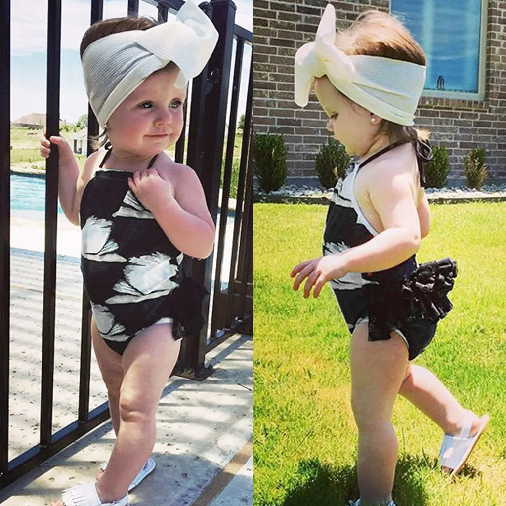 

2021 New Summer Baby Girls Ruffled Swan Print Swimwear Swimsuit Backless Romper Jumpsuit Vogue Children's Swimsuit Baby Clothes