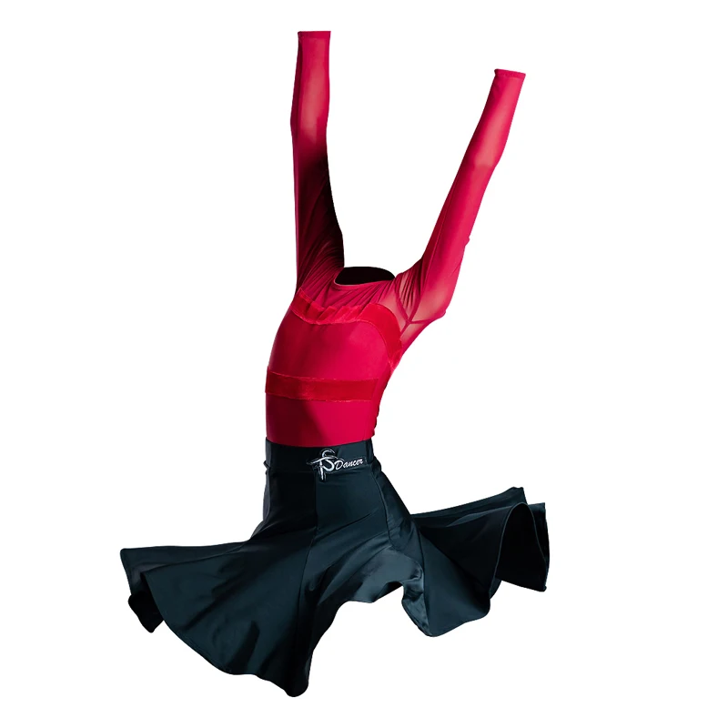 

Latin Dance Dress Kids Long Sleeve Practice Wear Red Tops Black Skirt Girls Latin Competition Clothing Set Stage Costume BL4919