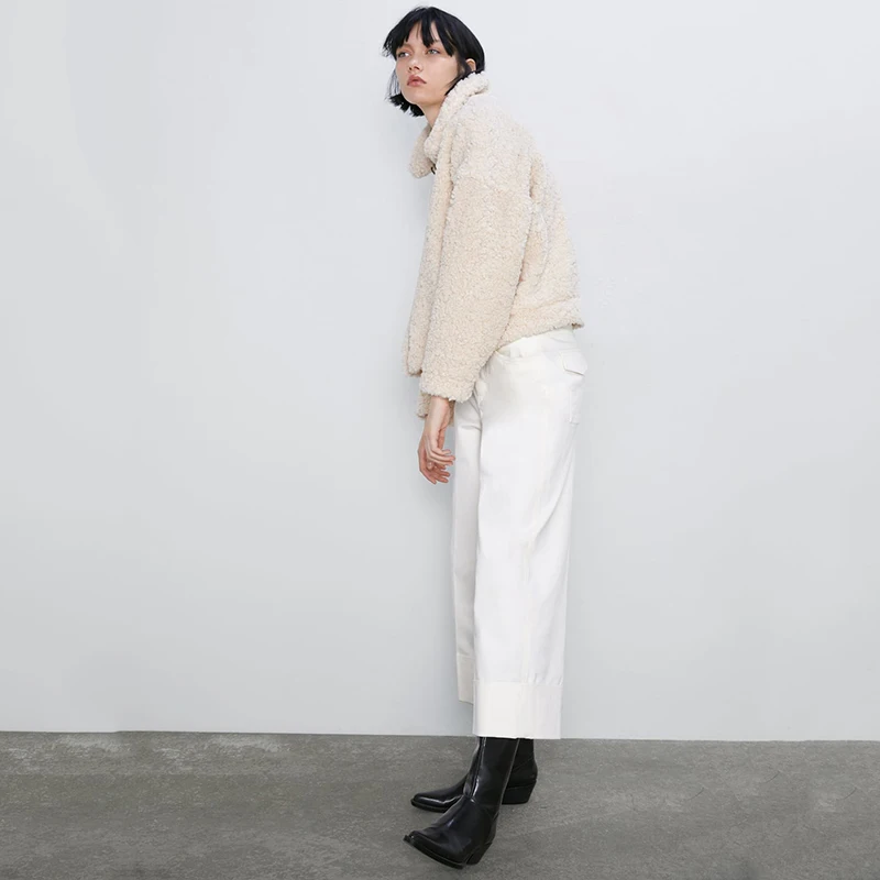 2019 ZA новое пальто из искусственного меха Женское с отворотом и длинным рукавом