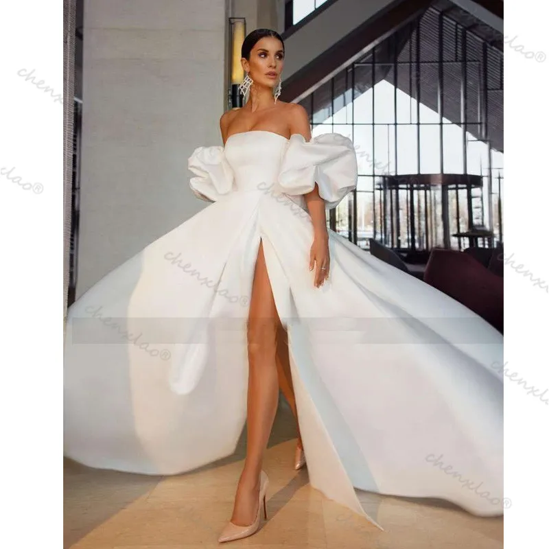 

White Satin Sexy Wedding Dresses Puff Sleeve Split Side Bride Dress Strapless A Line Wedding Gowns Women Couture Mariage