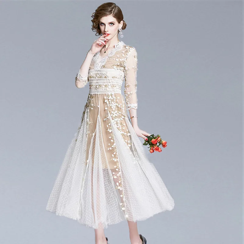 Женское Сетчатое платье в горошек элегантное облегающее длинное с V-образным