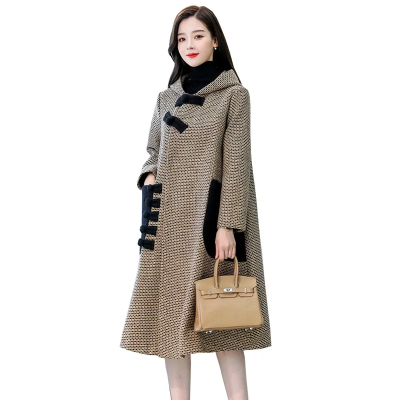 

2023 New Korean Loose Female Plaid Woolen Coat Women Autumn Winter Long Trench Coats Hooded Lady Temperament Woolen Coat F254