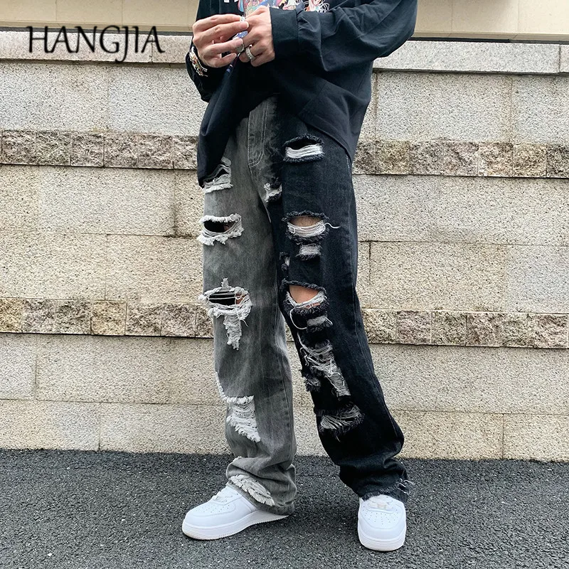 

2021 Clipping Stitching Denim Trousers Distressed Beggar Hole Wide-leg Cool Jean Skinny Mens Washed Destroyed Jeans Pant Hip Hop