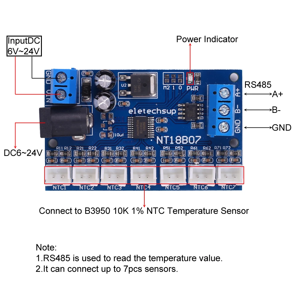 

Ресивер температуры RS485, 12 В, 24 В постоянного тока, 7-битный контроллер сигнала, регистратор данных, сборщик данных для Датчика NTC