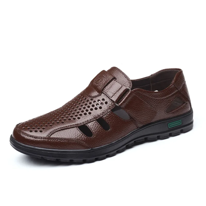 

Summer Genuine Leather Mens Sandals Breathable Hollow Out Classic Mens Flat Sandals Solid Rubber Leather Male Casual Sandals