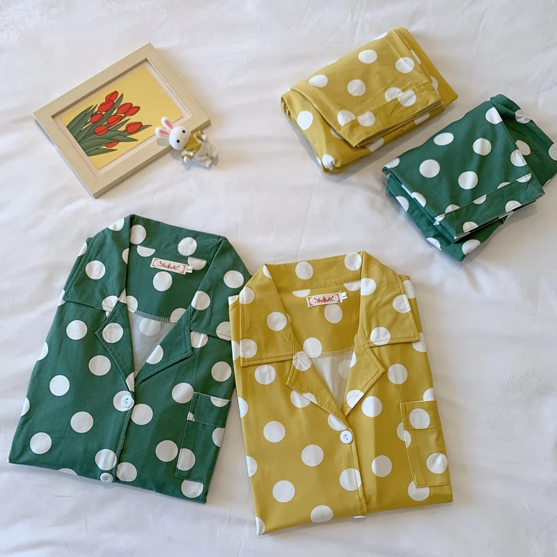 

Korean Style Polka Dot Pajamas Casual Spring And Autumn Long-sleeved Sleepwear Girl Cardigan Cotton Two-piece Homewear Femme Pjs