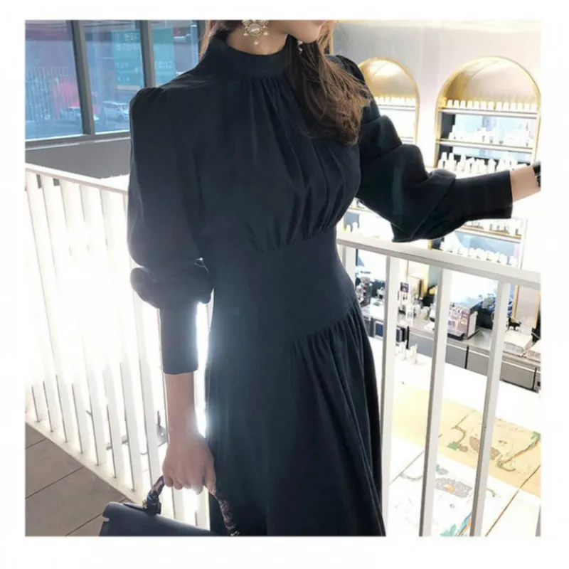 

2021 Spring Women's Dress Vintage Long Sleeve Black O-Collar Thin Vestidos Office Ladies Bodycon Ruffles Woman Femme Dresses New