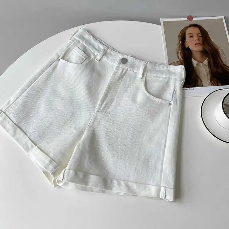 

COZOK High Waist Wide Leg Shorts Women 2021 Summer White Loose Thin A-line Hot Pants Leisure Tooling Shorts 792