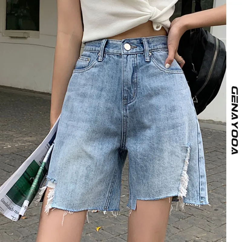 

Genayooa Vintage Jean Shorts Women Summer Blue Casual High Waisted Shorts Loose Denim Shorts Korean Style Biker Shorts Female