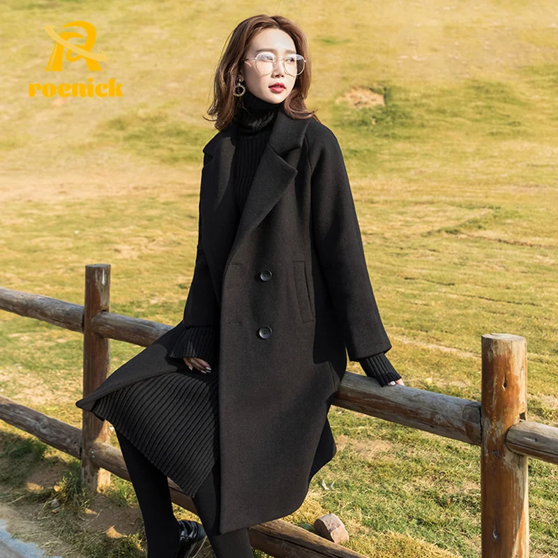 

Женское твидовое пальто ROENICK, черное шерстяное пальто в стиле Хепберн, новинка 2021, модная шерстяная куртка средней длины, утепленная твидова...