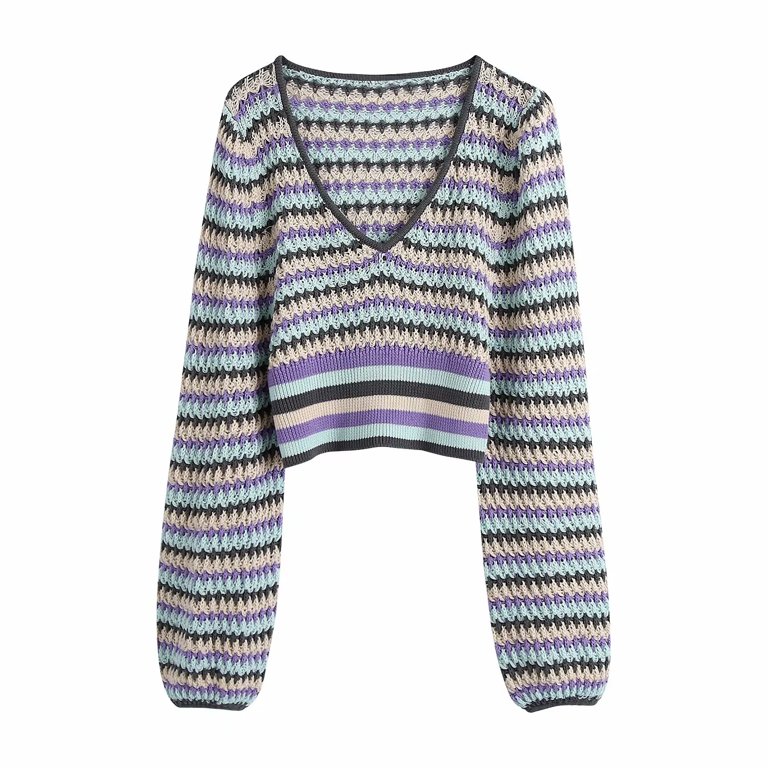 

V-neck Hollow-waisted Lantern-sleeved Knitted Women's Shirt New Loose Stripe Color Matching V-neck Chic Female Tops