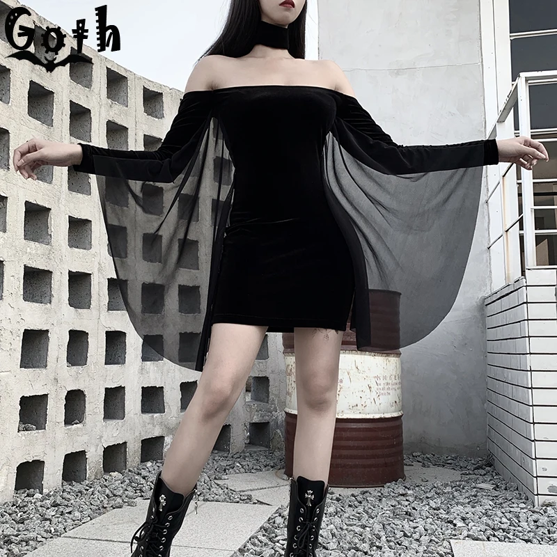 Женское мини-платье с открытыми плечами Goth черное винтажное облегающее платье