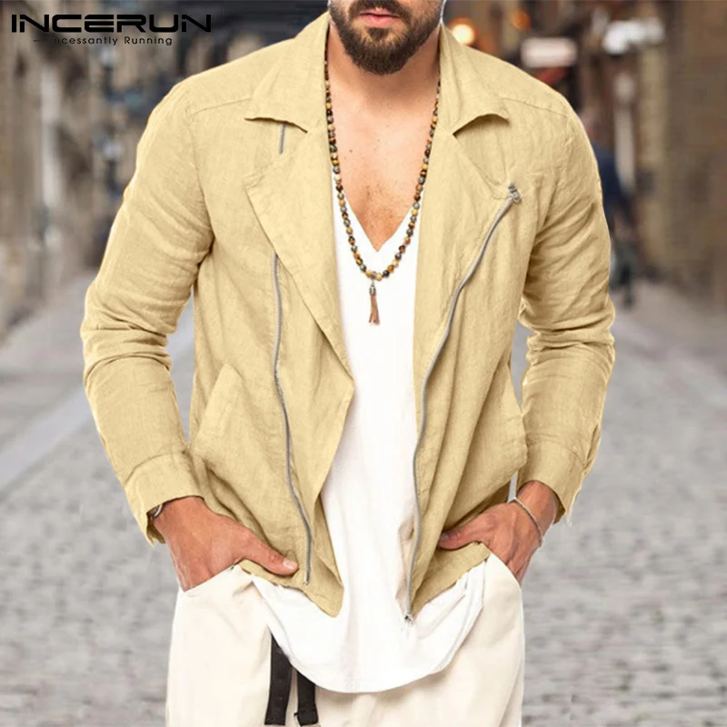 

INCERUN Men Jackets Cotton Solid Color 2021 Lapel Zipper Long Sleeve Fashion Casual Coats Autumn Streetwear Men Outerwear S-5XL