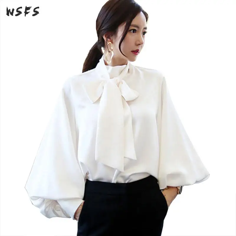 

Spring Women White Green Chiffon Shirt Long Lantern Sleeve Loose Top Blouses 2019 Vintage Elegant Office Ladies Blouse Shirts
