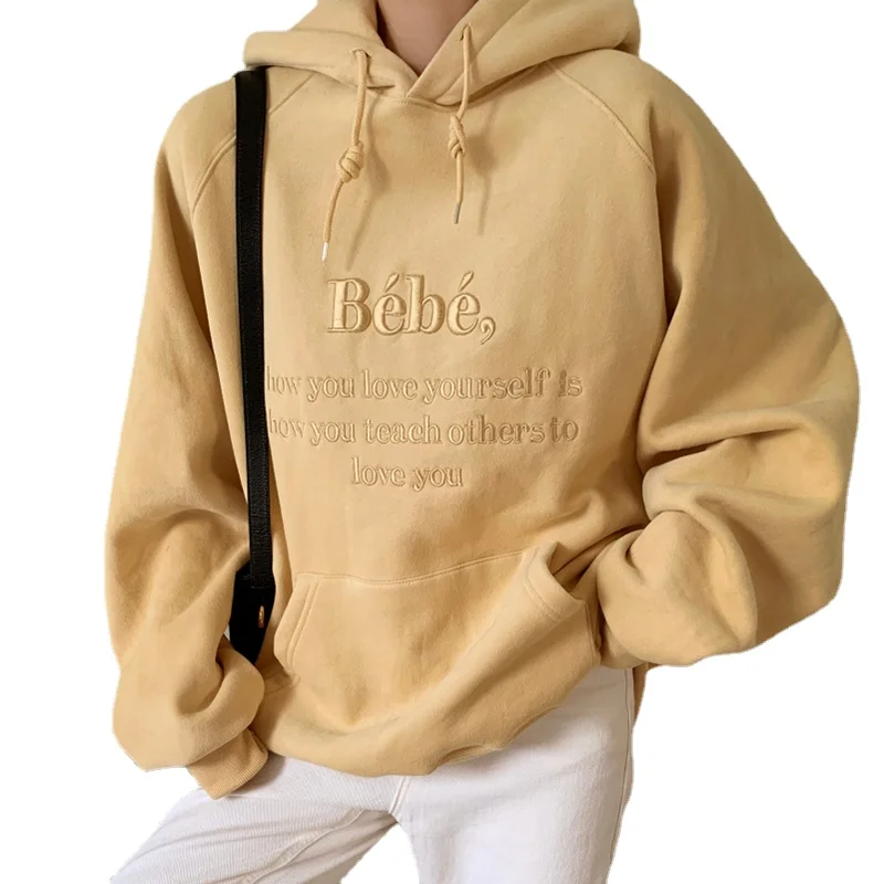 

New Casual Loose Hooded Women Embroidery Letter Pullover Tops Mujer Long-sleeve Drawstring Pockets Sweatshirt Female Sports
